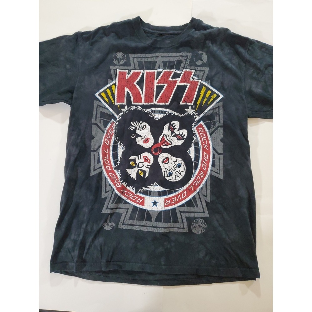 KISS Shirt Men's Sz Large Liquid Blue Rock And Roll All Over Gray Tie Dye Tee